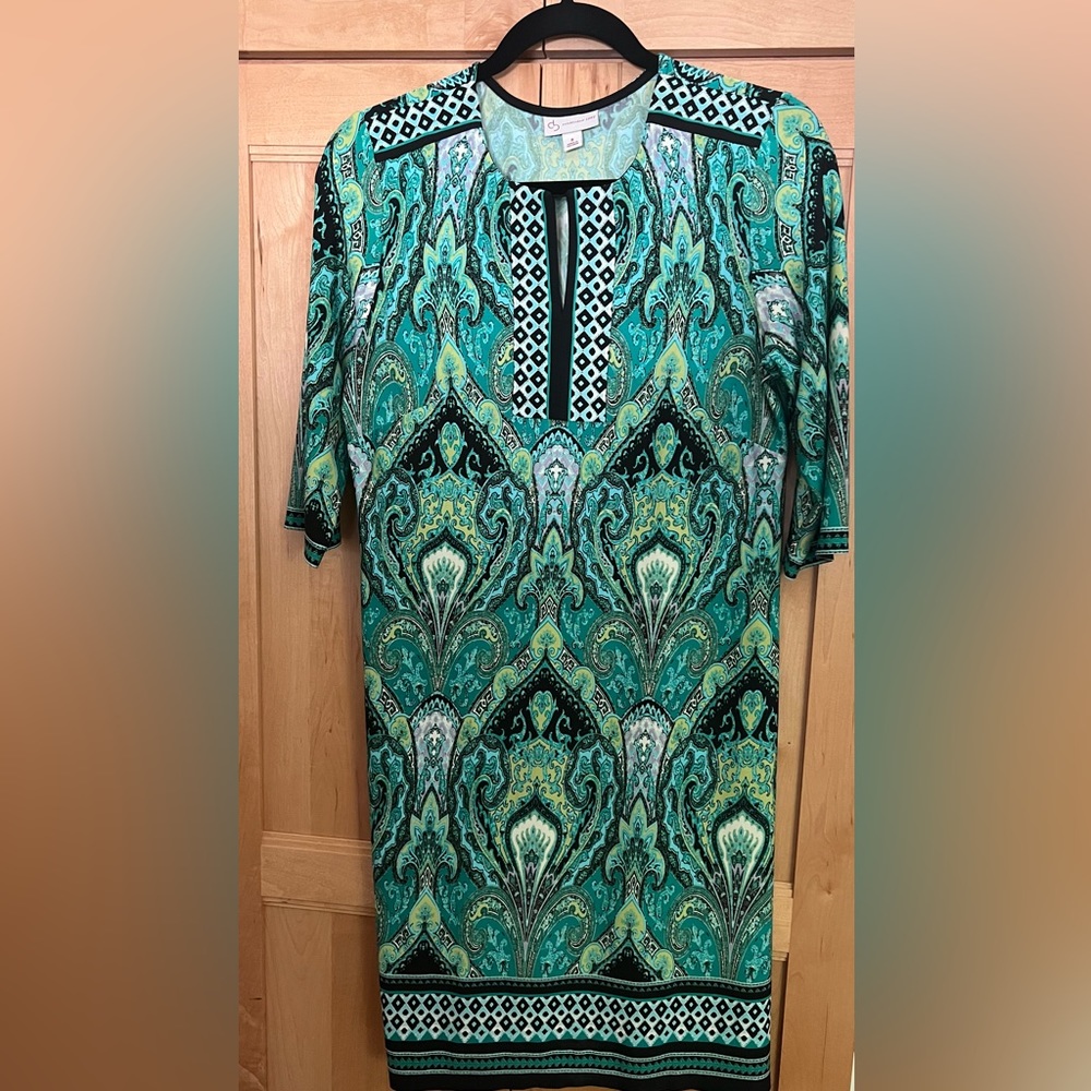 Dress Barn Green/Black Paisley Jersey Tunic Dress 3/4 Sleeves Size 8